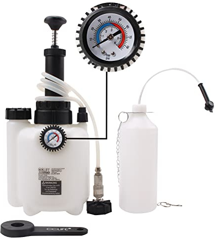 CCLIFE Bremsenentlüftungsgerät 3L Auto Bremsenentlüfter E20 Adapter | 1L Absaugbehälter, Bremsflüssigkeit wechseln, Ø45 mm, Manometer, Ein-Personen-Bedienung, PKW, Motorrad
