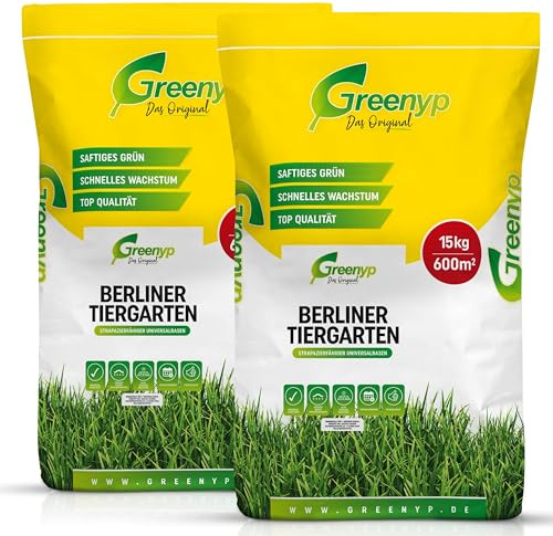 30kg Rasensamen Berliner Tiergarten I Rasensamen schnellkeimend für 1200m² I robuster Universalrasen Zierrasen Rasen Nachsaat I Greenyp Grassamen Rasensaat Gras - ideal als Neu- und Nachsaat.