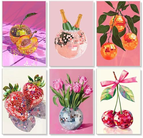 Fountor 6 Pack Discokugel Malen Nach Zahlen Erwachsene, Frucht Malen Nach Zahlen für Erwachsene auf Leinwand ohne Rahmen, DIY Acryl Adult Painting by Numbers für Home Wall Decor Geschenk 20x30 CM