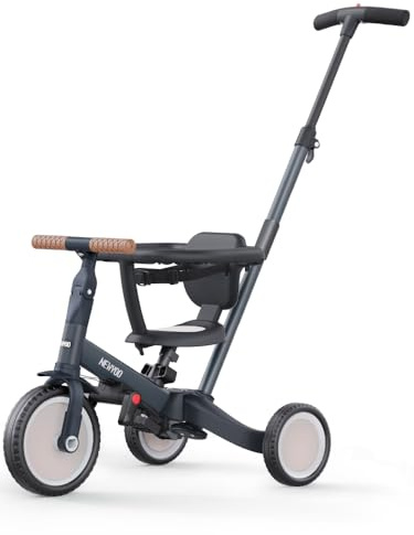 newyoo 5 in 1 Laufrad Dreirad, Dreirad ab 1-3 Jahr, Kinderdreirad mit schubstange, Kinderfahrrad, Laufräder Lauffahrrad inkl. Lenkstange, Sicherheitsbüge, TR008, Dunkelgrau
