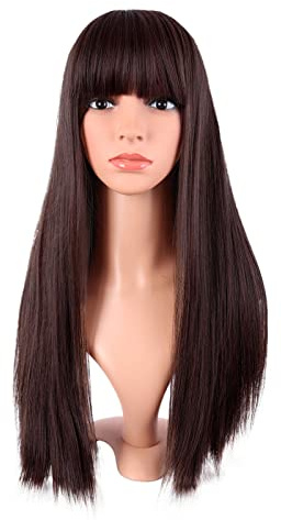 MapofBeauty 22 Zoll/56 cm Frauen lange gerade flache Pony Kunsthaar hitzebeständiges Faserhaar für Party Cosplay Perücke (Dunkel Braun)