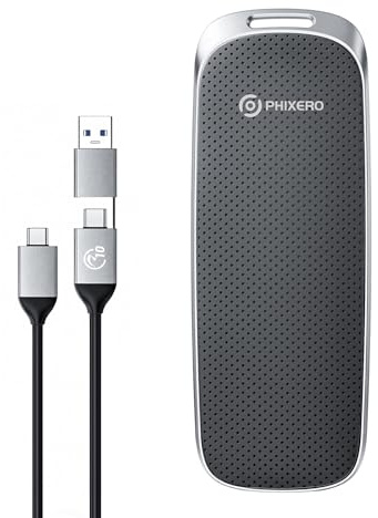PHIXERO P10PRO Externe Tragbare NVMe SSD 1TB, Bis zu 1050MB/s, USB 3.2 Gen2, Inklusive 2-in-1 USB C Kabel, Externe Festplatte Portable SSD für iPhone 15+/Android/Windows/Mac, Schwarz