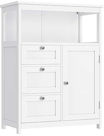VASAGLE Badezimmerschrank, mit 1 Tür und 3 Schubladen | Freistehender Badschrank, Aufbewahrungsschrank, Wolkenweiß, Siren Kollektion BBC542P31