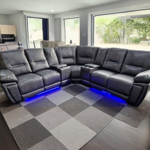 Ecksofa mit elektrischem Liegestuhl und Getränkehaltern, LED-Lichtern, USB-Ladeanschlüssen, graues Leder - Sara Leder-Ecksofa
