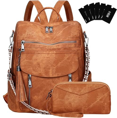 LEASOUL Rucksack Damen Set Wasserdicht,Veganes Leder Cityrucksack,Rucksackhandtasche Mittelgroß, Diebstahlsich Tagesrucksack für Büro,Pendeln,Arbeit,Leicht Elegant Backpack Women Groß für Reise