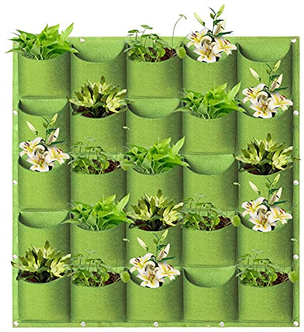 LITLANDSTAR Hängende Pflanztaschen, 25 Taschen, vertikale Wandmontage, Pflanzbeutel, Gartenarbeit, vertikale Begrünung, Blumenbehälter, Pflanztasche, Aufbewahrungstaschen (1 m x 1 m, grün)
