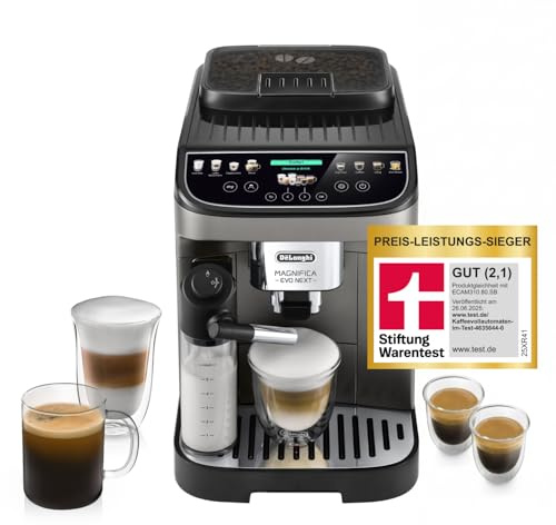 De’Longhi Magnifica Evo Next - Perfetto Kaffeevollautomat mit LatteCrema-Milchaufschäumer, 13 One-Touch-Getränke, Coffee- und Cappuccino Kaffeemaschine, farbiges Touch-Display, Titan (ECAM312.80.TB)