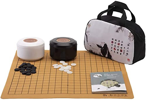 SongYun Travel Go Set Single Convex Ceramic Stones with 13x13 / 19x19 Roll Up and Foldable Chessboard Black and White Go Jar Classic Strategy Board Game (Baduk/Weiqi)