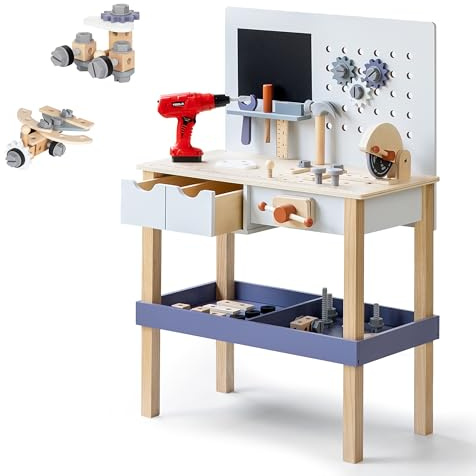 Holz Kinder Werkbank mit Elektrobohrer, Werkzeugbank mit Aufbewahrung | Spielzeug-Werkstatt mit Werkzeugsatz für Jungen & Mädchen, perfekt ab 3 Jahren