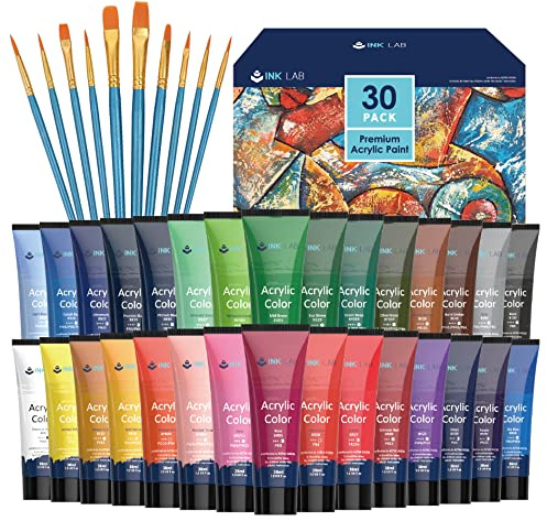 INK LAB Acrylfarben Set 30 x 36 ml, Acrylfarbe mit 10 hochwertige Pinseln, acrylic paints mit hoher Viskosität und starker Deckkraft, Ideal für Leinwand, Holz, Papier, Stoffe, Anfänger und Profi