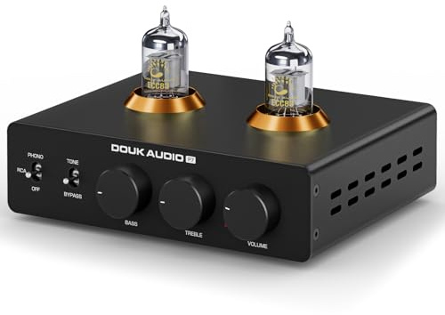 Douk Audio P7 Phono Vorverstärker: ECC83 Röhren Plattenspieler Vorverstärker mit Symmetrischem XLR Ausgang, Hochpassfilter, Bass- und Höhenregelung, Bypass für MM Plattenspieler, Verstärker