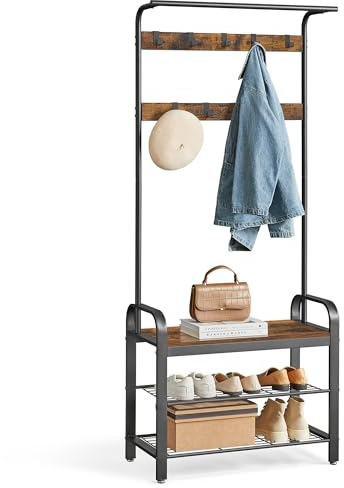 VASAGLE Garderobenständer, Garderobe, mit Schuhbank, 4-in-1 Design, 9 abnehmbare Haken, Kleiderstange, Eingangsbereich, Flur, 33,7 x 77 x 183 cm, Industrie-Design, vintagebraun-schwarz HSR40B