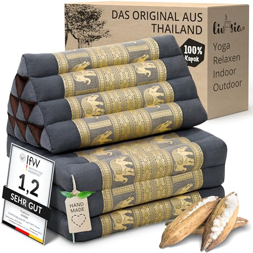 livasia Thaikissen 3 Auflagen Thaiseide - 175x55x8cm - Dreieckskissen mit Klappmatratze, Rückenkissen faltbar, Thaimatte zum Klappen, Kapok handgefertigt, Meditationskissen (Grau/Elefanten Seide)