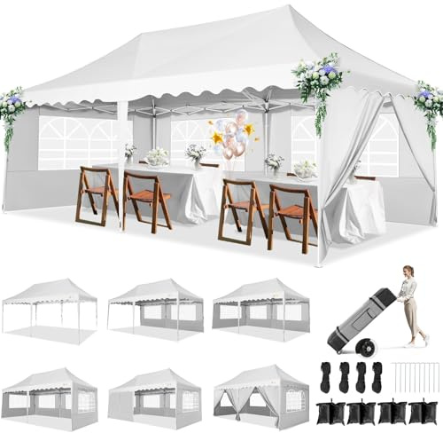 HOTEEL Pavillon 3x6 Faltpavillon 3x6 Wasserdicht Stabil, Partyzelt Faltbar Anti-Uv 50+ Pop Up Gartenpavillon mit 6 Seitenwänden, 4 Sandsäcke, Tasche mit Rollen, für Hochzeiten Partys Markt, Weiß