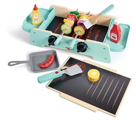 Hape Grill mit gusseiserner Pfanne - Kinderrollenspiel, mit Sound, realistisches Rollenspiel und Lernspielzeug, Kinderküche Zubehör, nachhaltiges Holzspielzeug, für Kinder ab 24 Monaten