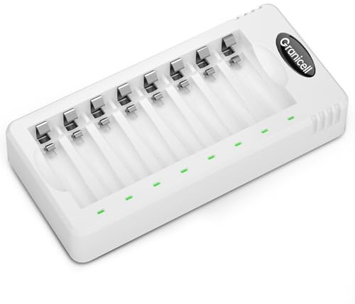 Granicell 8-Slot Akku Ladegerät für AA AAA NI-MH Batterien, Intelligentes Schnellladegerät für Haushaltsbatterien, Unabhängige Ladeschächte mit LCD/LED-Schutz, Universal Battery Charger