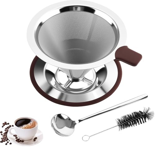 Zosenyer Kaffeefilter Edelstahl, Kaffee Filter Aufsatz Wiederverwendbar, Kaffefilter mit Löffel und Reinigungsbürsten, Papierloser Kaffeefilter zur Herstellung von Manuellem Kaffee Perfekt (Braun)