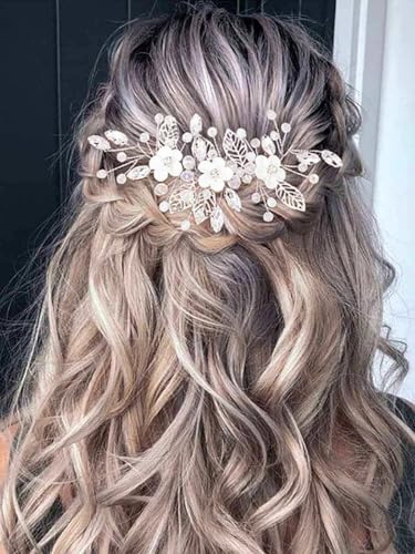 Vakkery Braut Blume Hochzeit Haar Reben Kristall Haarteil Braut Haarschmuck für Frauen und Mädchen (Silber)