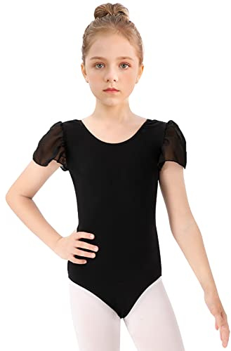 Bezioner Ballettkleidung Mädchen, Kinder Ballett Trikot Ballettanzug Puffärmel TanzBody for 3-12 Jahre Schwarz 130