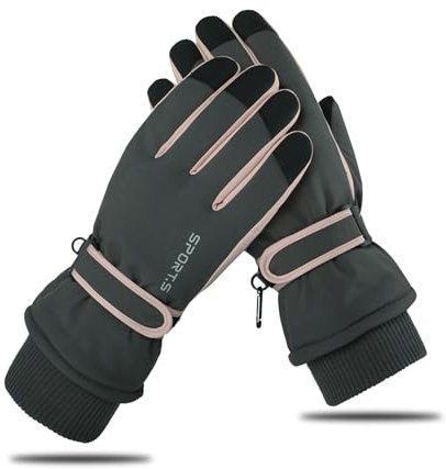 Andiker Winter Damen Skihandschuhe, Winterhandschuhe Warm, wasserdichte Touchscreen Anti Rutsch Snowboardhandschuhe für Skifahren, Laufen und Radfahren (Grau und Rosa, Einheitsgröße)