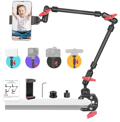 JEBUTU 22/56cm Magic Arm mit Super Clamp, Flexibel Kamera Tischstativ & Klemme, Kamera Halterung für Action Kamera, Webcam, Mikrofon - rot-schwarz