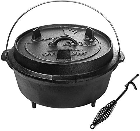 OVERMONT Dutch Oven Gusseisen Topf - Eingebrannter Feuertopf mit Füßen 2in1 Deckel Rezeptbuch und Deckelheber - für Abenteuer Garten Lagerfeuer Camping Größe L