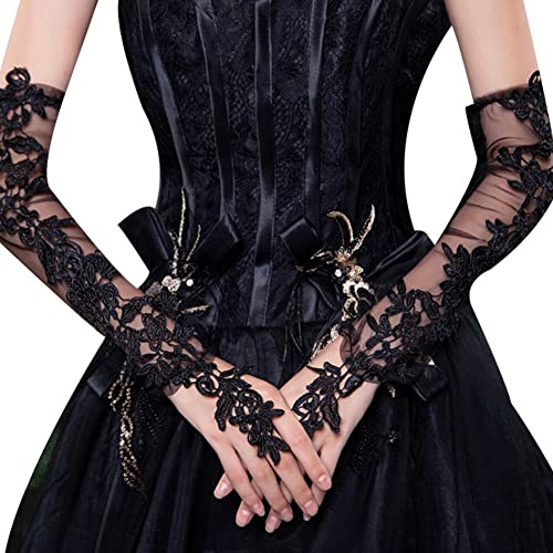 iSpchen Hochzeitshandschuhe Damen Lange Brauthandschuhe Hochzeit Handschuhe Spitzenhandschuhe Elegante Blumen Spitzen Netzhandschuhe für Party,Hochzeit,Verlobung,Abschlussball,Schwarz