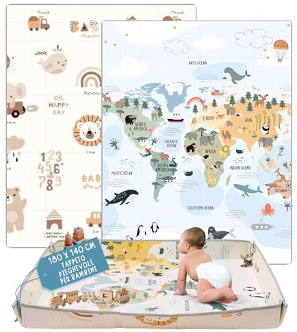 HuBorns - Spielmatte Baby Faltbar 180x140 cm und Wendbar, Krabbelmatte Baby Schadstofffrei mit CE Zertifikat, Play Mat XXL Gepolstert, Spielmatte Rutschfest und Wasserdicht (Weltkarte M)