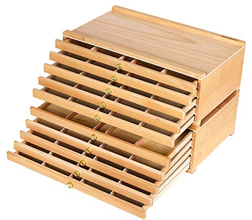 MEEDEN Künstlerbedarf Aufbewahrungsbox mit 10 Schubladen -Große Multifunktions-Bleistiftbox aus Buchenholz mit Schubladen und Fächern für Pastelle, Bleistifte, Stifte, Marker, Pinsel und Stempel