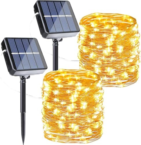 Solar Lichterkette Outdoor 2x12M 120 LED Solarlichterkette Außen Wetterfest | 8 Modi Kupferdraht Solar Lichterkette Aussen Wasserdicht für Garten Balkon Weihnachten Deko Warmweiß