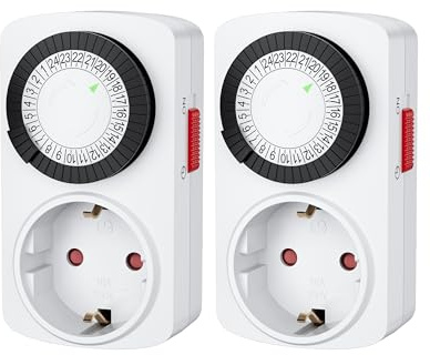 Mechanische Zeitschaltuhr Steckdose, HBN 2er Set Tageszeitschaltuhr Analoge Zeitschalt-Steckdose für Innenbereich 24-Stunden-Programm, 30 Min. Intervall Timer, 16A/3600W