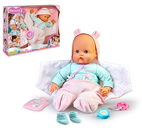 Nenuco - Ist mein Baby gut zugedeckt?, Babypuppe Weichkörper, die krank Wird, zugedeckt Wird, zittert und Fieber hat, mit Schnuller und Babyschühchen als Pflegezubehör, Famosa (700017360)