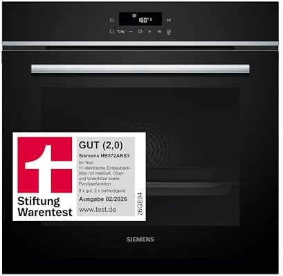 Siemens HB572ABS3, Stiftung Warentest GUT (2,0)*, iQ300 Einbau-Backofen 60x60 cm, Air Fry, Pyrolyse Selbstreinigung, LED-Touchbedienung, 3D Heißluft, Schnellaufheizung, cookControl10