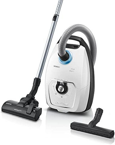 Siemens Staubsauger mit Beutel Z 7.0 VSZ7442S, ideal für Allergiker, Hygiene-Filter Plus, extrem leise, Bodendüse für Parkett, Teppich, Fliesen, langes Kabel, XXL-Polsterdüse, Fugendüse, 650 W, weiß