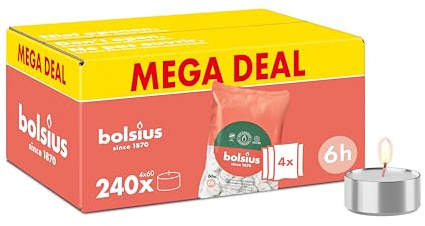 Bolsius - Großpackung Teelichter - 240 Stk. - 6 Brennstunden - Weiß - Enthält Naturliches Pflanzenwachs - Länge Brenndauer - Dekorative Haushaltkerzen - Ohne Palmöl