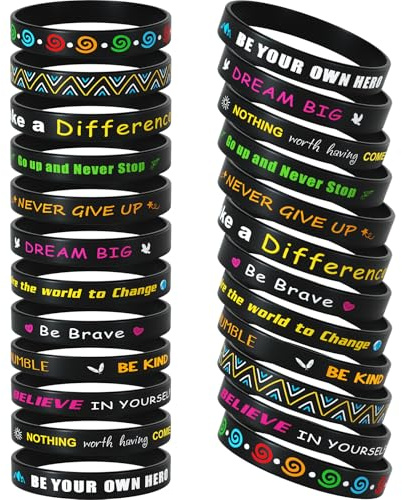 CHRORINE 24 Stück motivierende Silikonarmbänder mit inspirierenden Zitaten, Unisex, für Schule, Büro, Zuhause, Partys, Geschenke, 12 Designs (Schwarz)