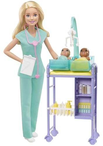 Barbie You Can Be Anything Serie, Baby Doctor, Puppe mit blondem Haar, Zwei Babys, Arztkleidung, Zubehör, 3 Puppen enthalten, Geschenk für Kinder, Spielzeug ab 3 Jahre,GKH23