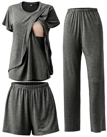 SUNNYBUY 3-teiliges Still-Pyjama-Set für die Zeit nach der Geburt, lässig, weich, Umstands-Pyjama, Nachtwäsche, Loungewear, Kleidungsschicht, Dunkelgrau XL