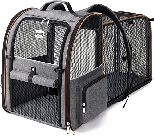 Lekespring Erweiterbar Katzenrucksack Hunderucksack für Katzen Hunde bis 8kg, Groß Katzen Rucksack Faltbare Haustier Rucksack mit Innerer Sicherheitsleine und Haustiermatte, Grau