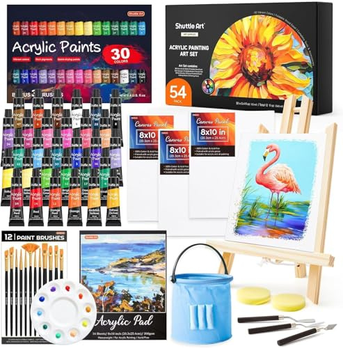 Shuttle Art 54 teiliges Acrylfarben Set, professionelles Malset mit Tischstaffelei, 30 Acrylfarben, Leinwand, Pinsel, Palette, komplettem Zubehör, Malset für Kinder und Erwachsene mit staffelei holz