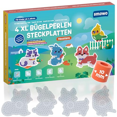 Smowo® 10mm Bügelperlen Platten Haustiere - Set mit 4 Steckplatten und Vorlagen - Hund, Katze, Vogel, Kaninchen - Große Maxi Stiftplatten für Kinder ab 3 Jahren