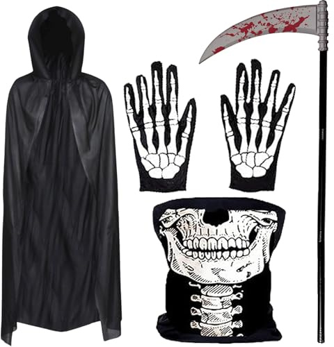 Sensenmann Kostüm Erwachsene 4 Teile - Schwarzer Umhang mit Kapuze, Sense, Skelett Maske & Skelett Handschuhe – Horror Kostüm, Vampir Umhang – Halloween Kostüm Männer und Frauen