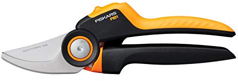 Fiskars Bypass-Gartenschere M, X-series PowerGear, P921, Mit Rollgriff | Für frische Äste und Zweige, Antihaftbeschichtet, Edelstahl-Klingen, Länge: 20,1 cm, Schwarz/Orange, 1057173