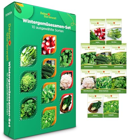 Wintergemüse Samen Set - 10 Sorten Samen - Saatgut Sortiment - Anzuchtset für Wintergemüse - Radies, Winterpostelein, Salat, Spinat, Mangold, Lauchzwiebeln