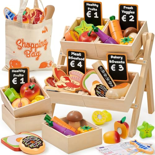 Atoylink Kinderküche Zubehör Holz Spielküche Zubehör mit Küchenzubehör | Kaufmannsladen Zubehör Kinder Holz Lebensmittel Rollenspiel Holzspielzeug Kaufladen Kinder Geschenk für Mädchen Junge 3 Jahre