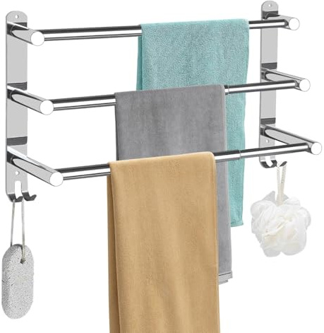 Raheem 43–75 cm Handtuchhalter Ohne Bohren Ausziehbar 3-Schicht Edelstahl Handtuchstange Selbstklebend mit 2 Haken Wandmontage Badetuchhalter für Badezimmer Küche, Wasserdicht Rostfrei (Silber)