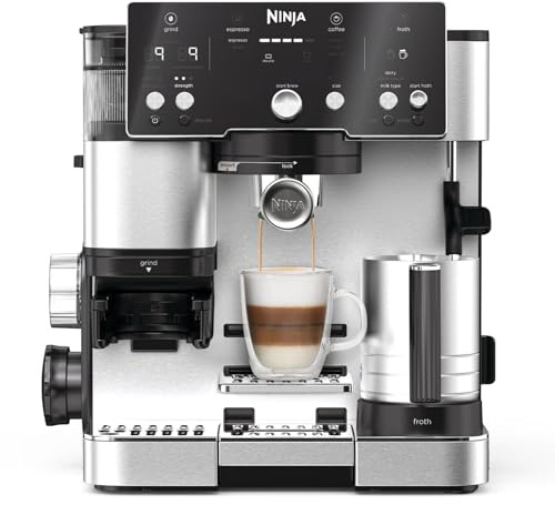 Ninja Luxe Essential 2-in-1-Kaffeemaschine mit Mahlwerk und Aufschäumer für Latte, Cappuccino & Espresso, einfache Handhabung, 2 Voreinstellungen zum Aufschäumen, Silber, ES501EU