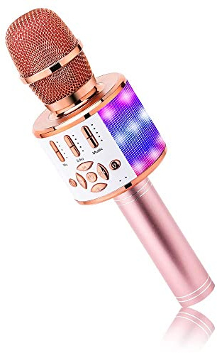 BONAOK Kabelloses Bluetooth-Mikrofon, Kindermikrofon mit LED-Lichtern, Mini-Karaoke-Maschine für Party/Zuhause/Geburtstag, kompatibel mit Bluetooth iOS Android (Rosa)
