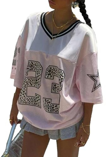 Acrawnni Damen Y2k Oversized Jersey Shirt Nummer Grafik V-Ausschnitt Kurzarm Jersey T-Shirt Blokecore Ästhetische Vintage 90er Streetwear