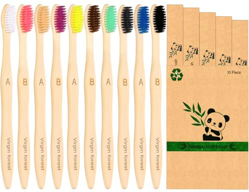 10 Stück Bambus Zahnbürsten mit Weichen Borsten, Natürliche Eco Friendly Biologisch Abbaubare Holzkohle Zahnbürsten, BPA Frei Recycelbar Holz Zahnbürste Set…